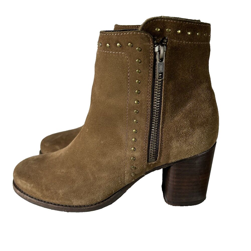 Frye Addie Chestnut Brown Suede Studded Double Zipper Ankle Booties Boots Sz 7B
